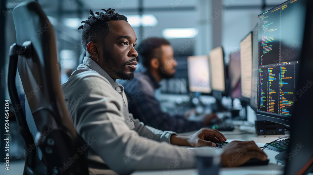 A handsome African American man working on a computer in an office