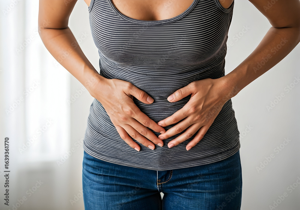 A person clutches their stomach indicating abdominal discomfort or pain. Ideal for medical health or wellness content or discussing digestive issues.