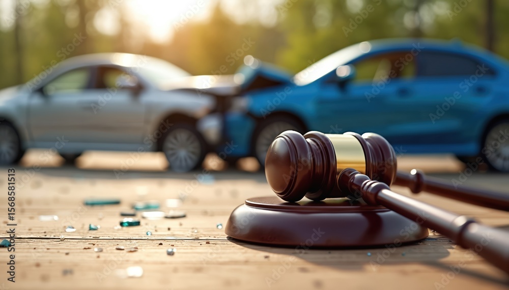 Car accident aftermath with damaged vehicles, judge gavel on wooden surface. Scene represents legal proceedings, insurance claims, justice for traffic incidents. Focus on legal resolution, accident