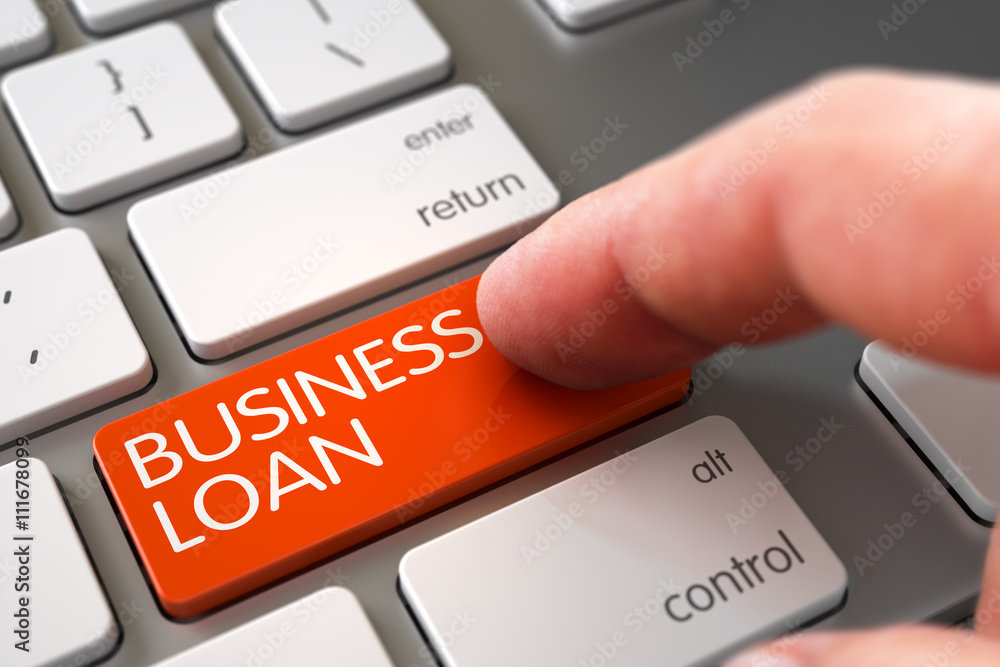 Computer User Presses Business Loan Orange Button. Business Loan Concept - Modern Keyboard with Business Loan Key. White Keyboard with Business Loan Orange Button. 3D Illustration.