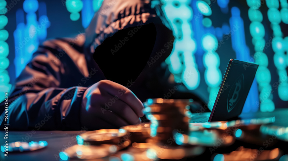Cybersecurity Concept: Crypto Scams, Hacker Sitting in Front of Computer Stealing Data