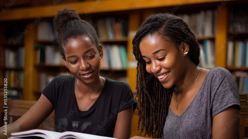 Female African students reading together in a library, surrounded by books and quiet study space. Black African children from disadvantaged families study in school, read books, receive primar