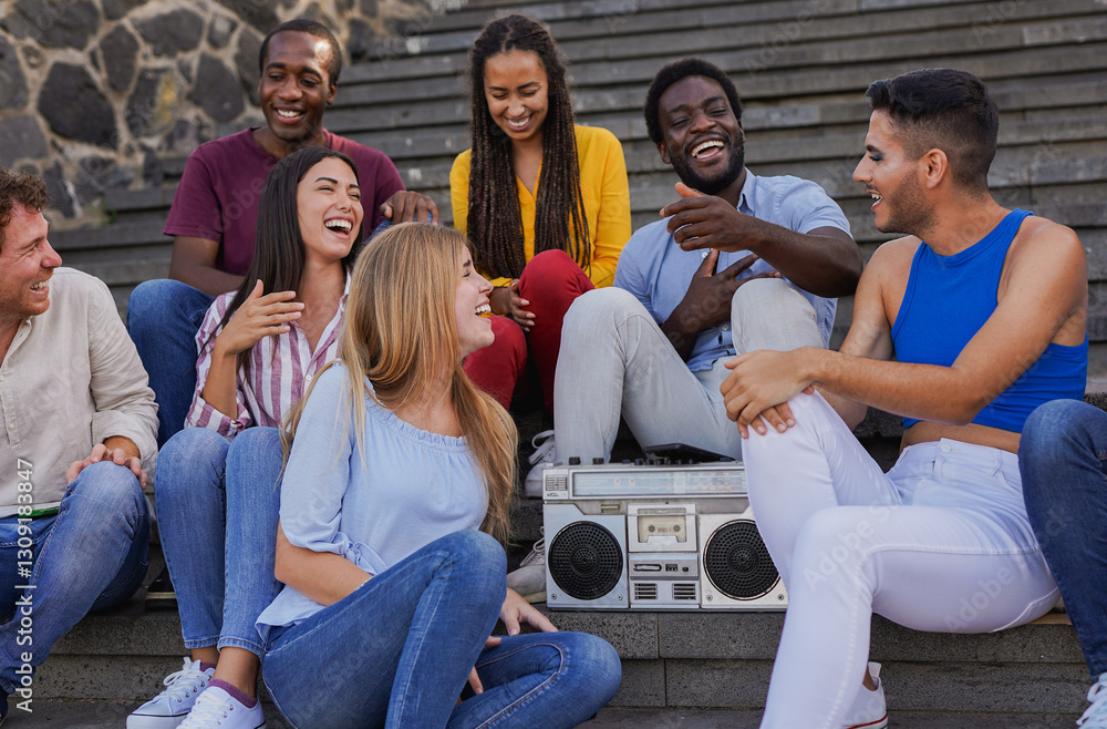 Group of multiracial people having fun together sitting in the city and listening music with vintage stereo boombox - Diverse culture, friendship and lifestyle concept