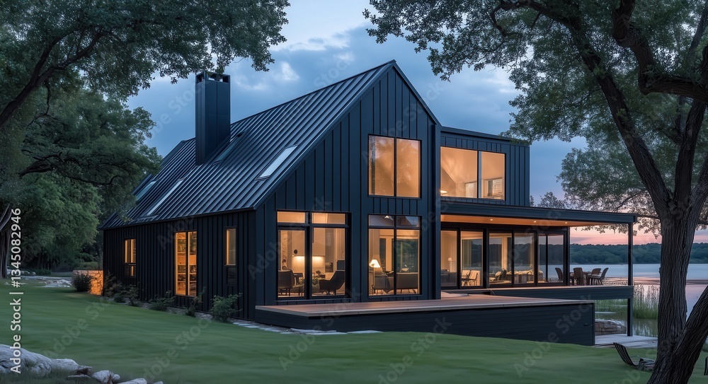 Modern Black Barn House on Lake Travis Shore at Sunset – Texas Farmhouse with Large Windows & Scenic Water View