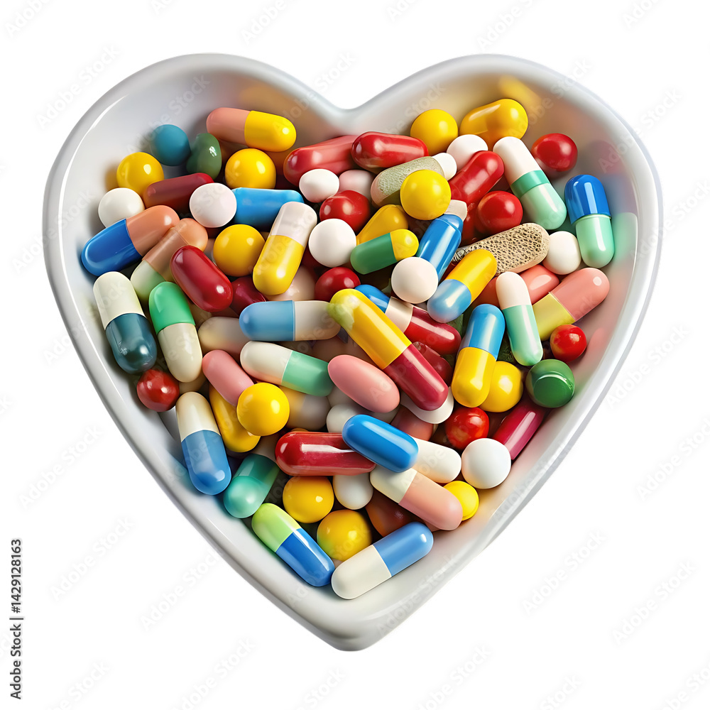 png pills in heart shaped plate is isolated on white background.png