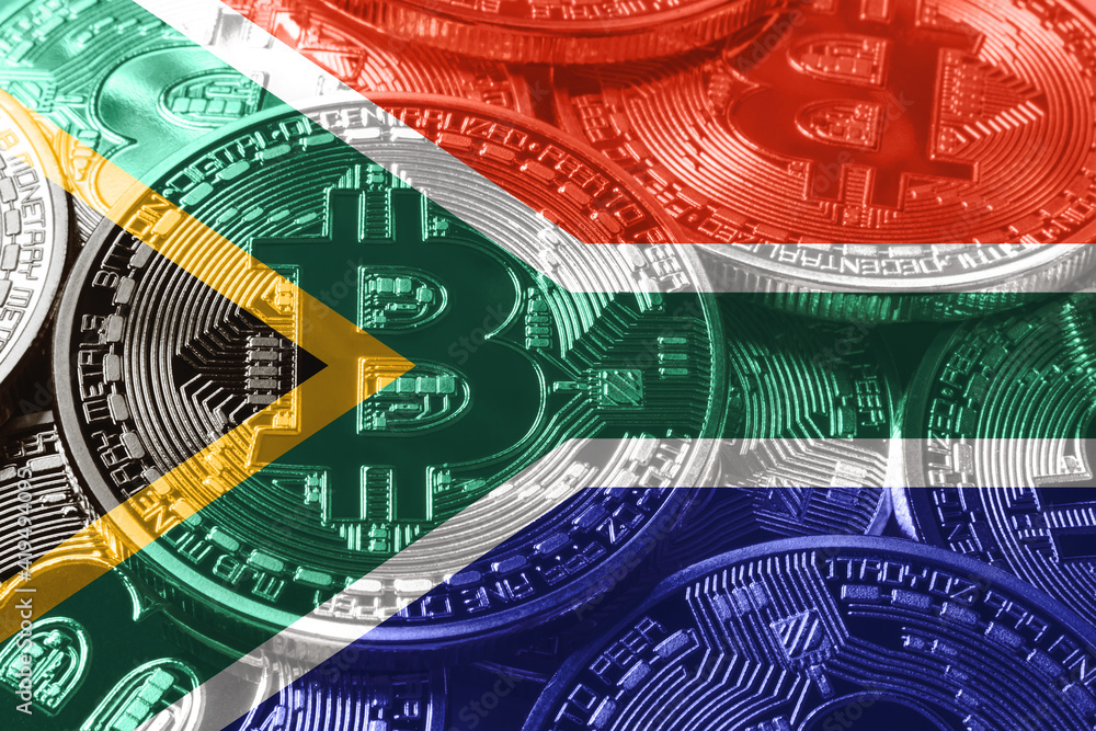 South Africa bitcoin flag, national flag cryptocurrency concept