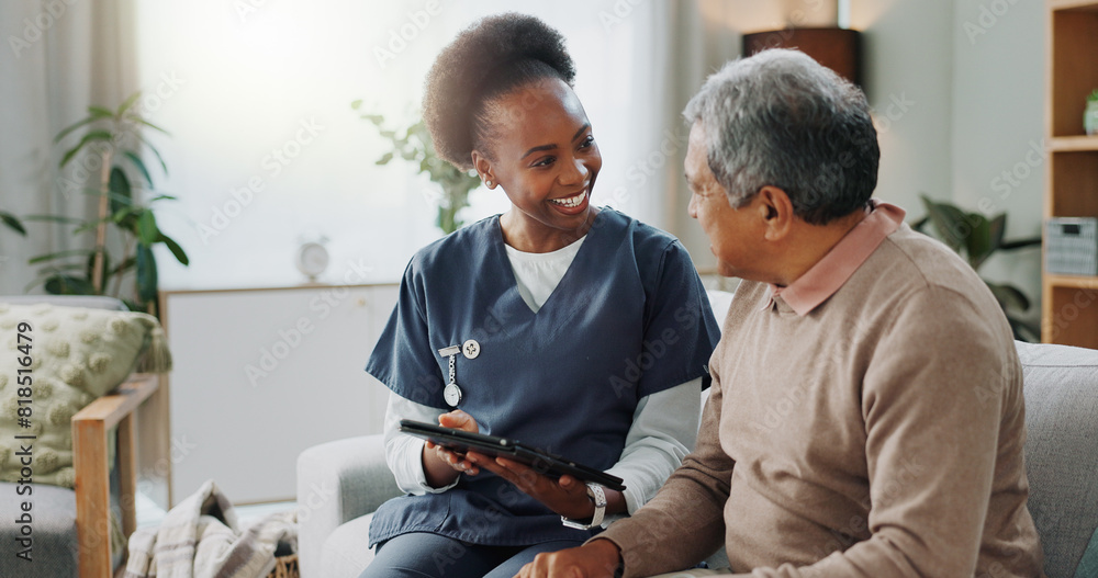 Tablet, healthcare and african nurse in home with senior man, internet and online help on sofa. Young caregiver, elderly person and technology for learning or telehealth and care in chronic illness