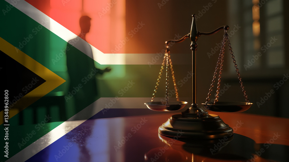 The scales of justice stand in front of the South Africa flag, symbolizing law, fairness, and the legal system. A concept of democracy and equality.