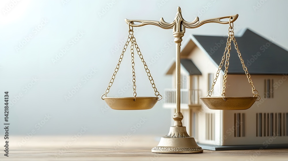 A golden scale of justice sits beside a miniature house model symbolizing real estate law, property rights, and fair housing legal proceedings ensu equitable distribution and