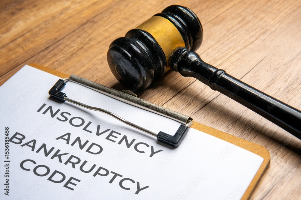 A judge's gavel on a clipboard with a document titled "INSOLVENCY AND BANKRUPTCY CODE". Legal action, financial law, and bankruptcy concept.