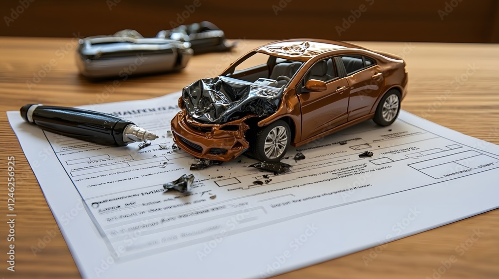 A toy car with severe front end damage placed on insurance paperwork symbolizing the steps in filing an auto accident claim and the process of seeking coverage and financial protection