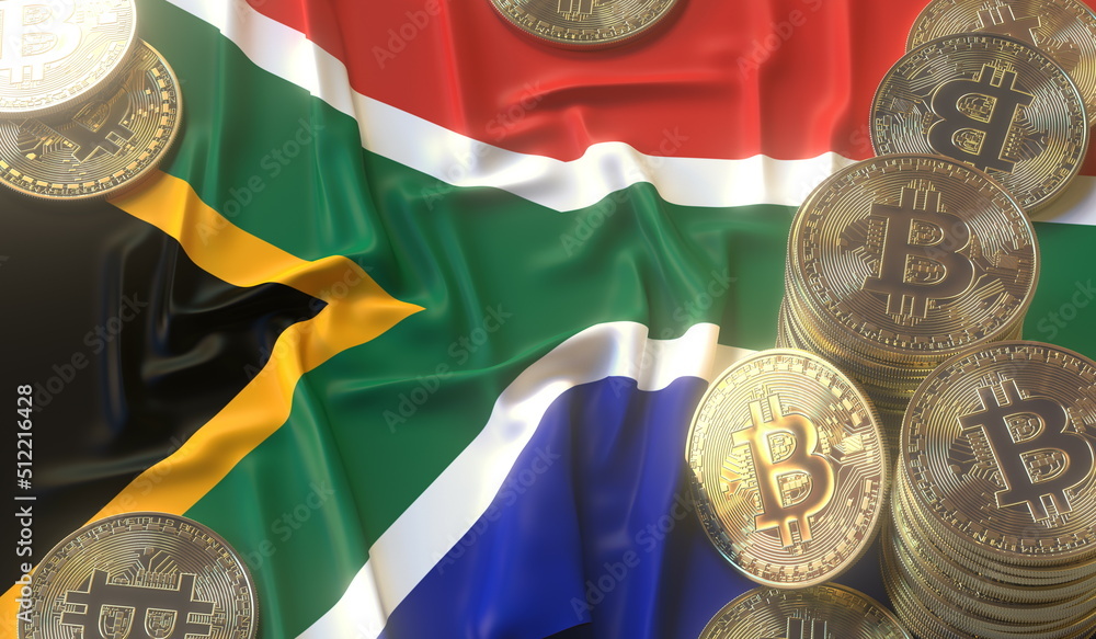 Bitcoin BTC coins or tokens and flag of South Africa. Crypto market related 3D rendering