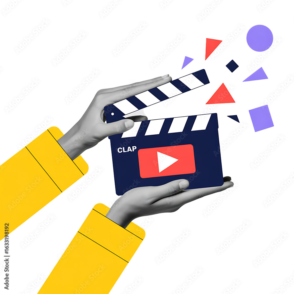 Dynamic hands holding a film clapperboard with YouTube logo, creative video content concept