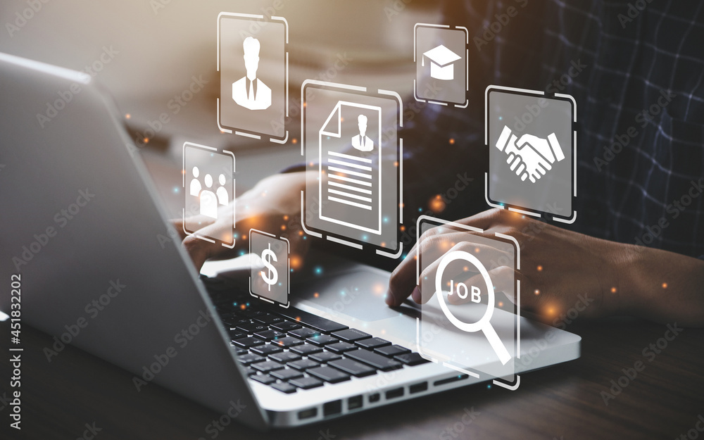 Human using a computer laptop for searching for job and fill out personal data on job website to file a resume and apply application to jobs on the internet. work search online concept.