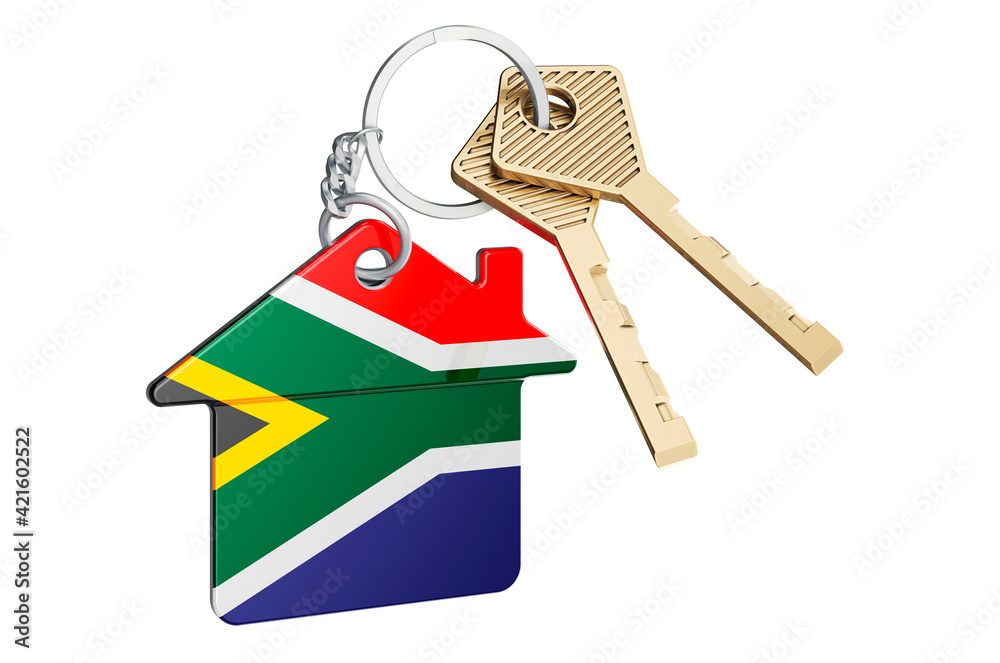 Real estate in South Africa. Home keychain with South African flag. Property, rent or mortgage concept. 3D rendering