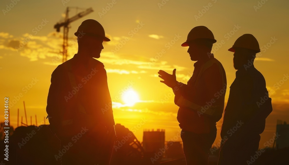 Silhouettes of construction workers wearing helmets discussing plans at a construction site during sunset with a crane in the background.