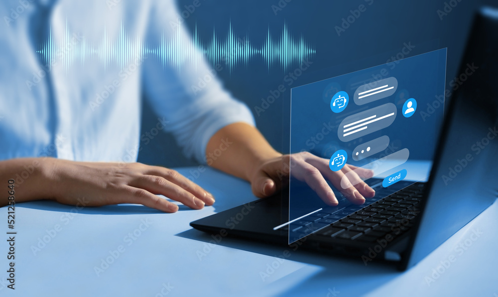 Virtual assistant and CRM software automation technology. Customer using online service with chat bot to get support. Chat bot conversation concept.