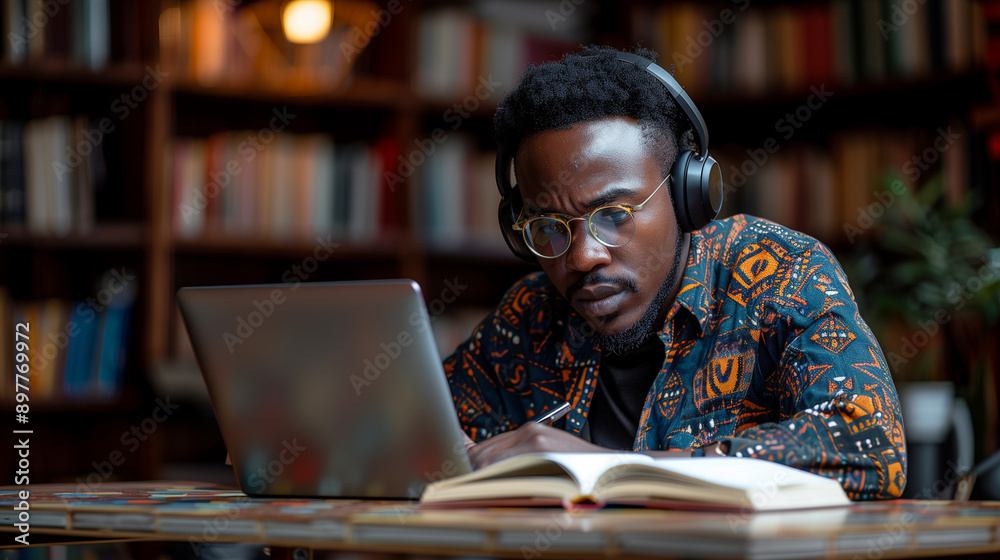 Young african student using computer laptop while studying inside library. Focus on face. Portrait.