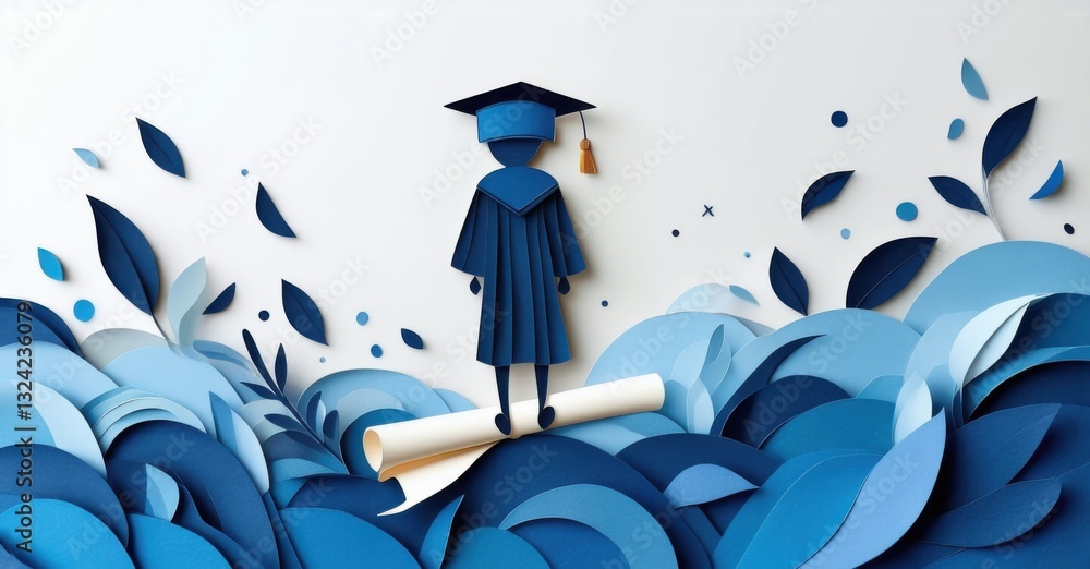 Paper cutout of student standing at top of diploma scroll deep navy and bright silver symbolizing completion of educational journey